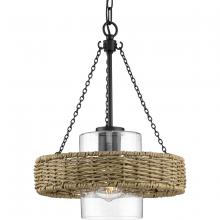 Progress P550126-31M - Pembroke Collection One-Light 18.5&#34; Matte Black Coastal Outdoor Pendant with Mocha Rattan Accent