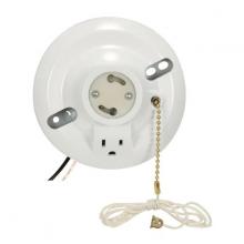 Satco Products Inc. 90/2484 - White Phenolic GU24 On-Off Pull Chain Ceiling Receptacle With Grounded Outlet; 6&#34; AWM B/W Leads